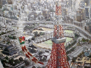 Christmas card, mini santa crauses view Tokyo tower.