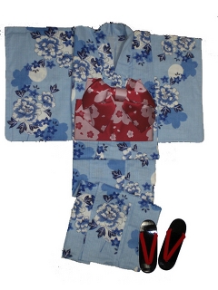 YUKATA set, blue yukata & obi & geta